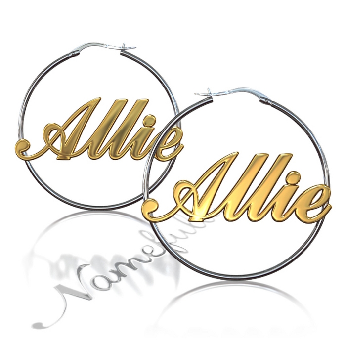 Name Hoop Earrings JLo inspired - "Allie"  (Two-Tone 10k Yellow & White Gold) - 1