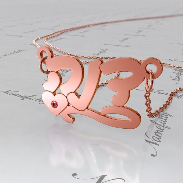 Hebrew Name Necklace with Heart and Swarovski Birthstones in 14k Rose Gold - "Dana" - 1
