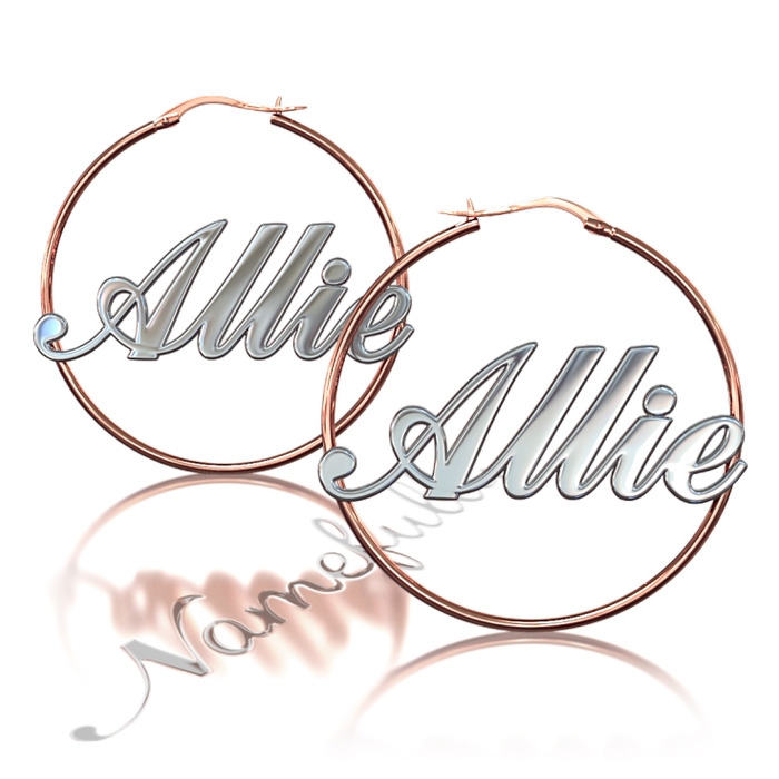 Name Hoop Earrings JLo inspired - "Allie"  (Two-Tone 10k Rose & White Gold) - 1