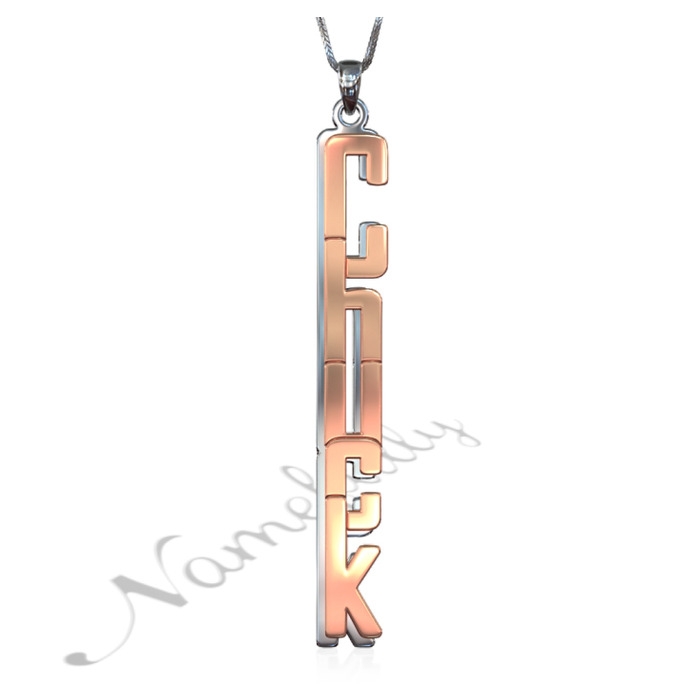 Vertical 3D Name Necklace with Double Layer - "Chuck" (Two-Tone 10k White & Rose Gold) - 1