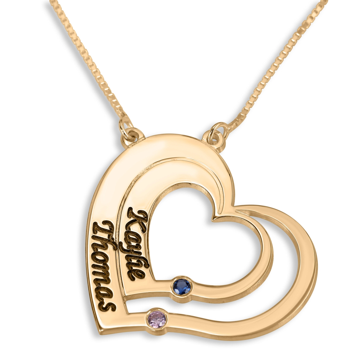 Double Thickness Double Heart Name Necklace With Birthstones, 24K Gold Plated - 1