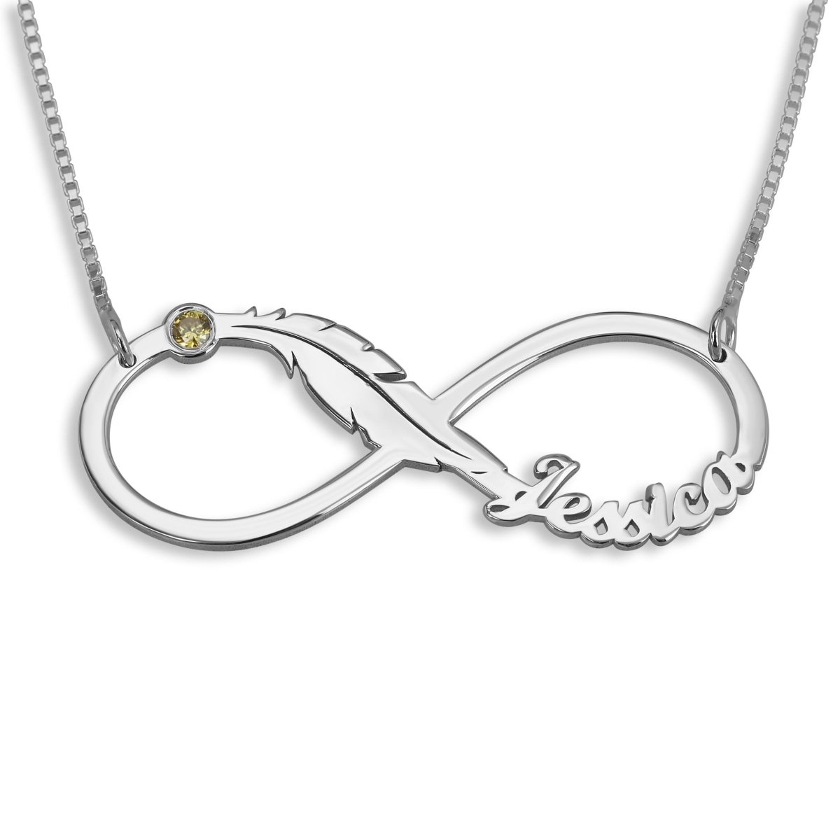 Double Thickness Infinity Name Necklace With Feather And Birthstone, Sterling Silver - 1