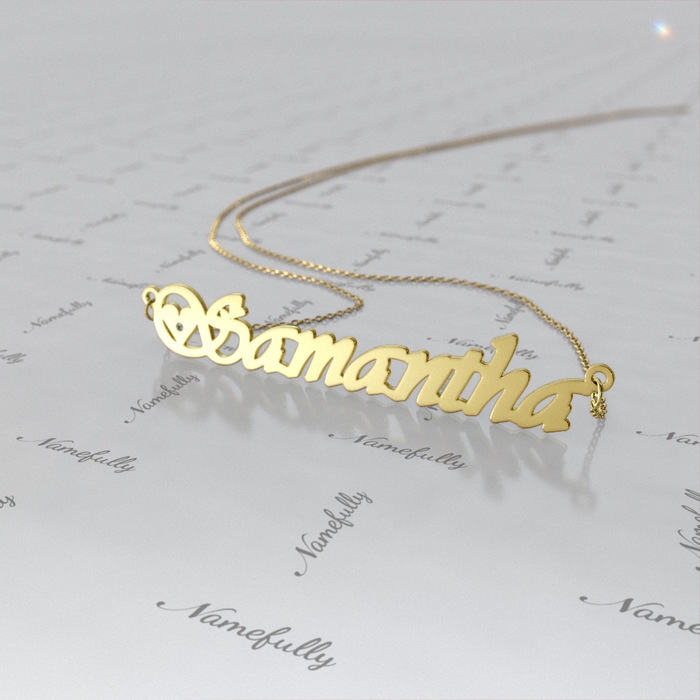 Name Necklace with Hearts and Diamonds in 10k Yellow Gold - "Samantha" - 1