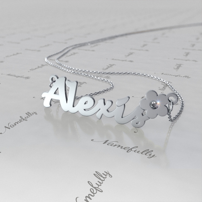Name Necklace with Flower and Diamonds in 14k White Gold - "Alexis" - 1