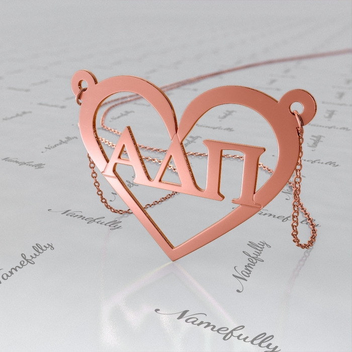 Sorority Necklace with Customized Greek Letters and Heart - "Alpha Delta Pi" in 14k Rose Gold - 1