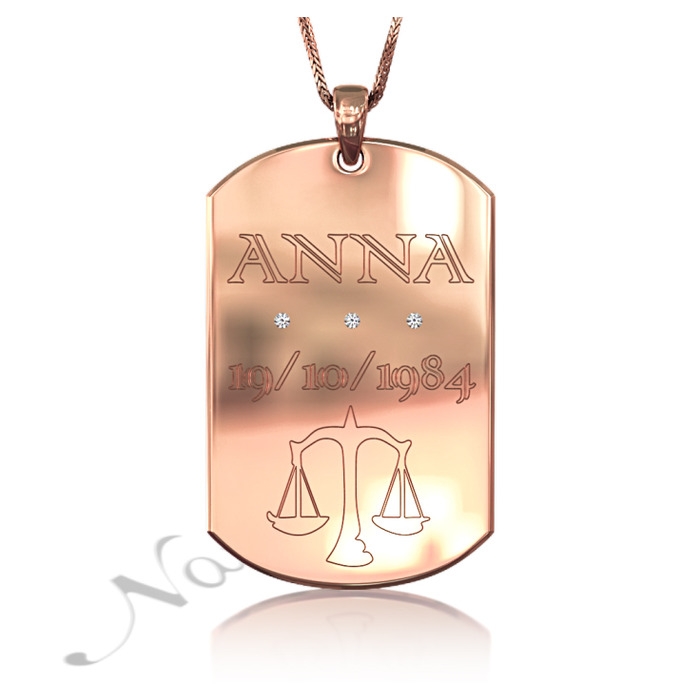 Zodiac Dog Tag with Diamonds and Custom Engraved Text-"Anna" in 14k Rose Gold - 1
