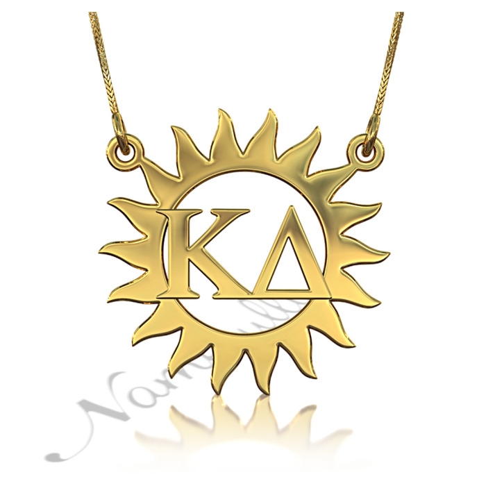 Sorority Necklace with Customized Greek Letters inside Sun - "Kappa Delta" in 18k Yellow Gold Plated - 1