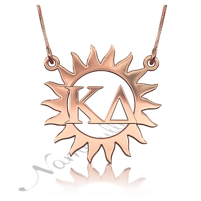 Sorority Necklace with Customized Greek Letters inside Sun - "Kappa Delta" in Rose Gold Plated - 1