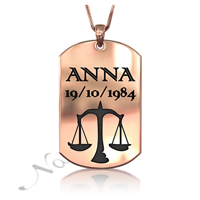 Zodiac Dog Tag with Custom Engraved Black Text-"Anna" in 14k Rose Gold - 1