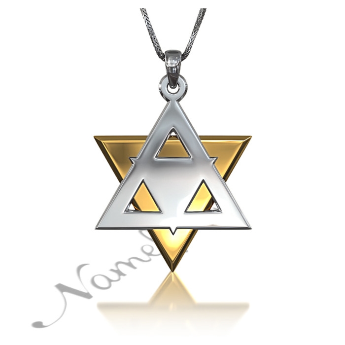 Star of David Pendant in 3D (Two-Tone 14k Yellow and White Gold) - 1