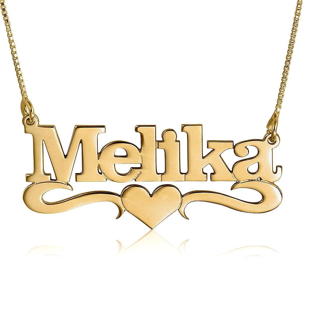 14K Gold Name Necklace, Modern Serif Print with Center Heart - 1