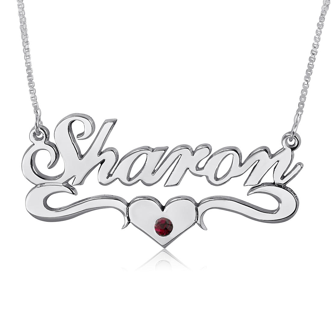 Double Thickness Birthstone Heart Swoosh Name Necklace, Sterling Silver - 1