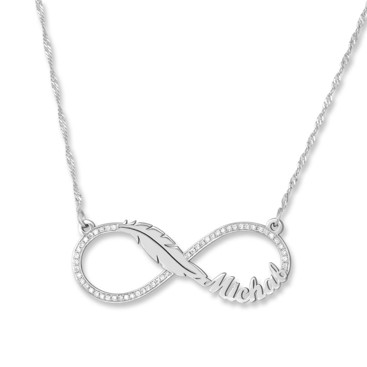Infinity Diamond Name Necklace, 14k White Gold with Feather - 1