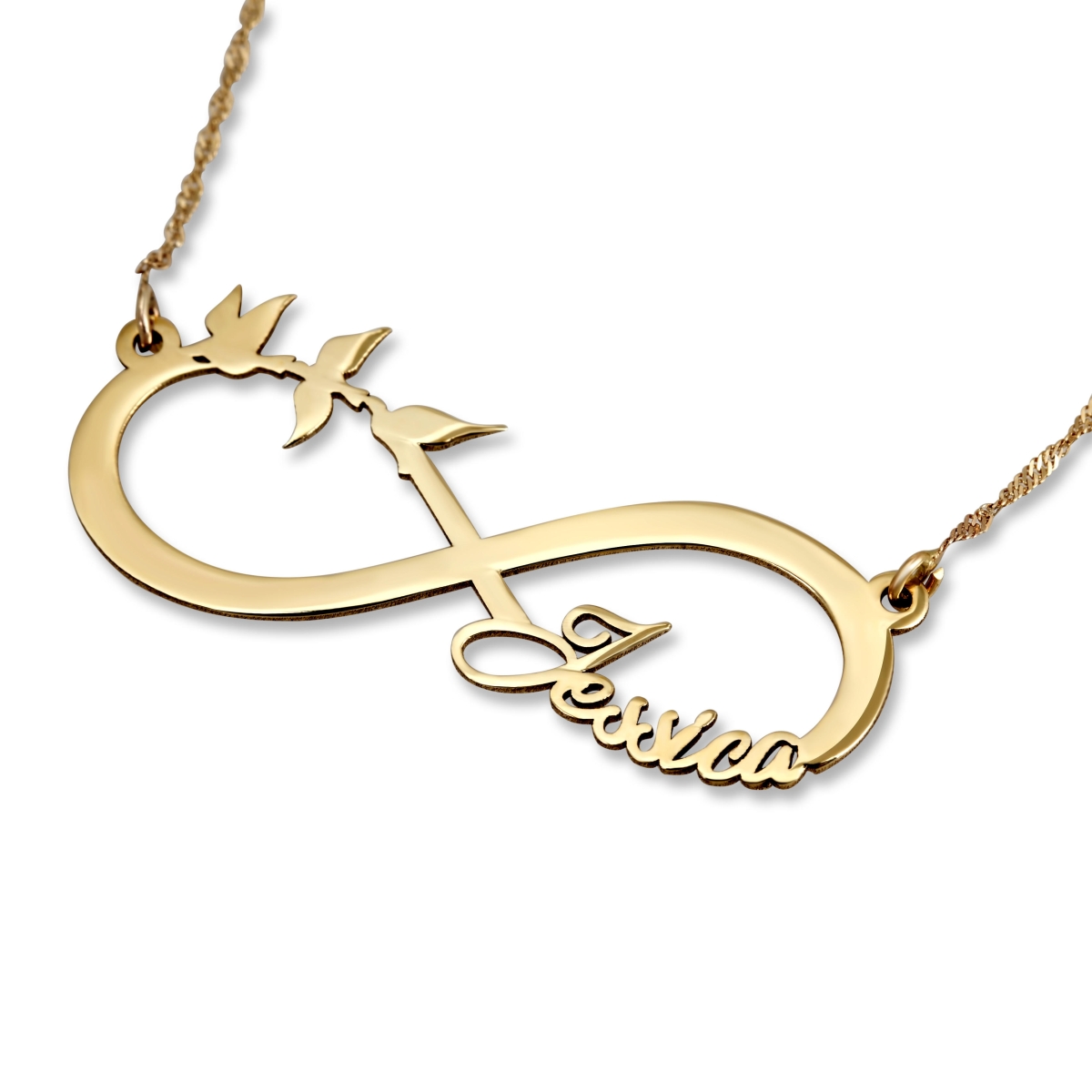 14K Yellow Gold Infinity Name Necklace with Three Birds - 1