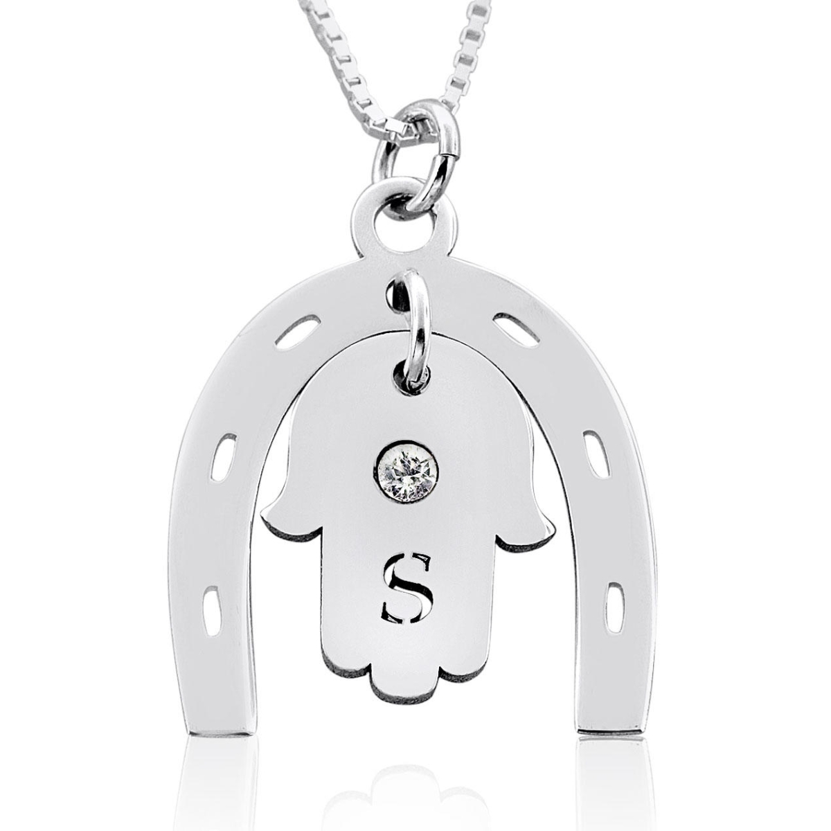 Double Thickness Birthstone Hamsa & Horseshoe Lucky Initial Necklace, Laser-Cut, Sterling Silver - 1