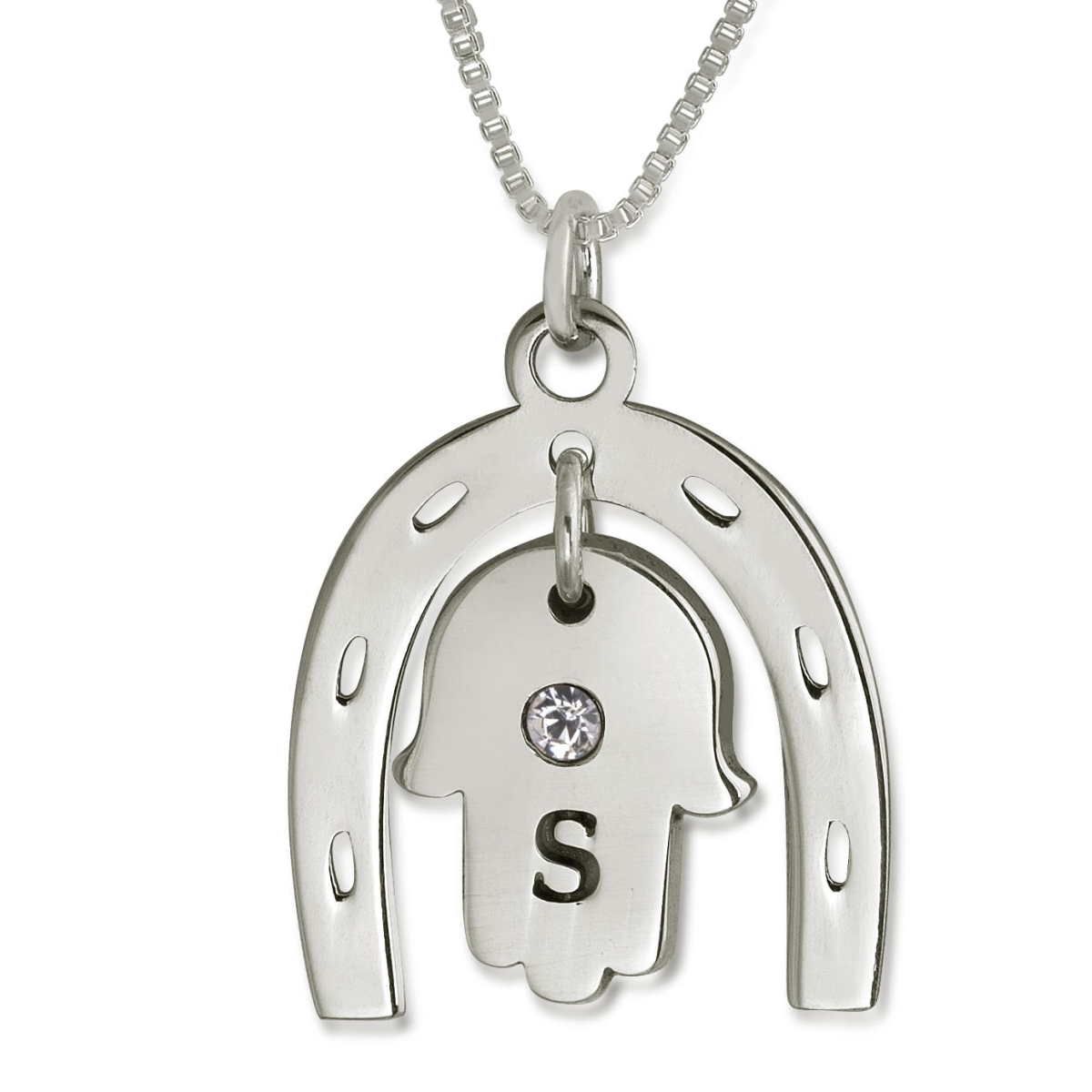 Double Thickness Birthstone Hamsa & Horseshoe Lucky Initial Necklace, Sterling Silver - 1