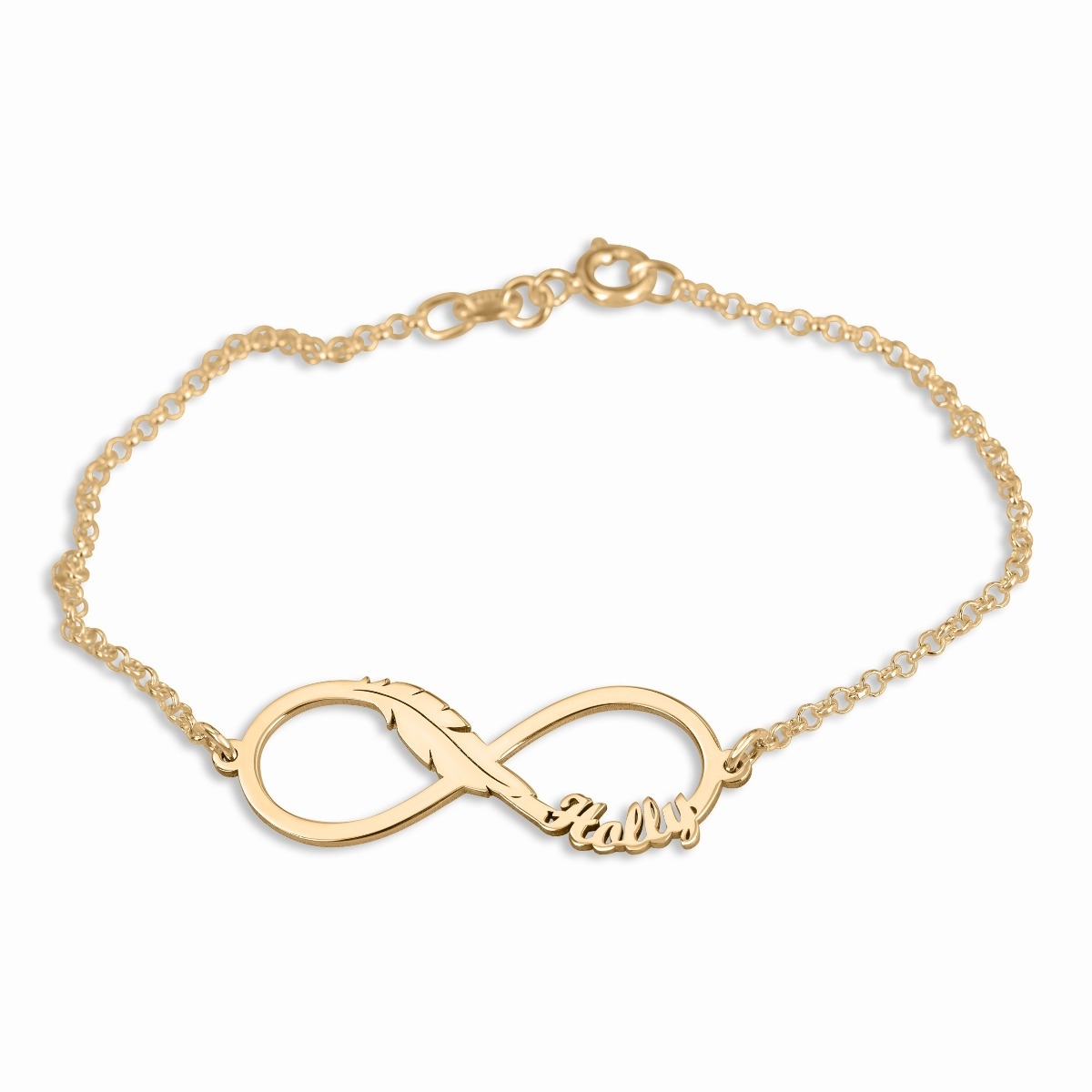 Double Thickness Gold-Plated Infinity Name Bracelet with Feather - 1