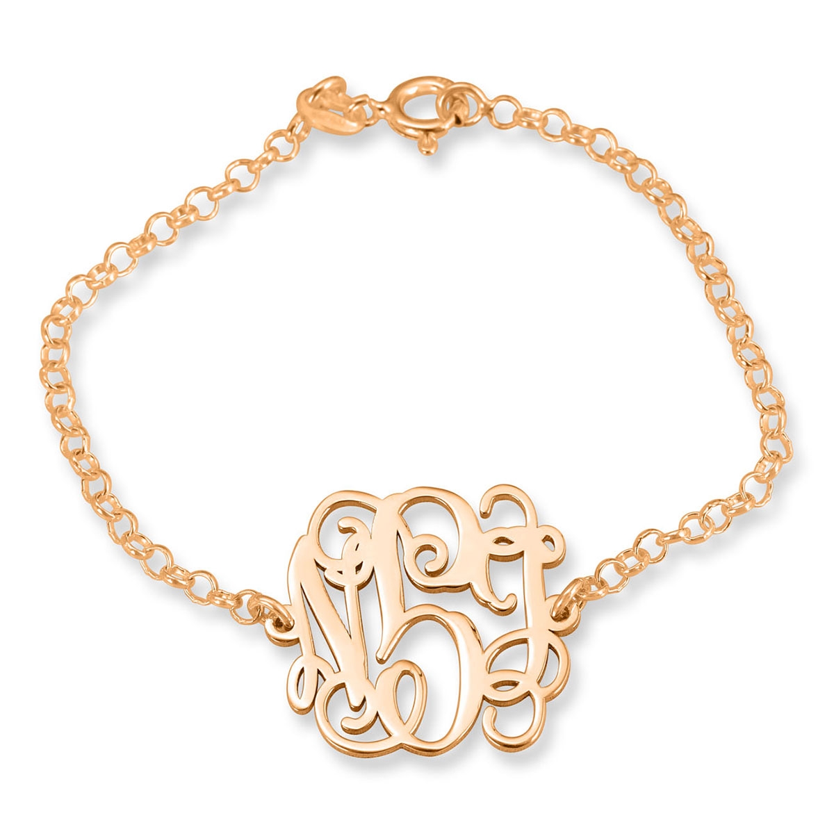 24K Rose Gold Plated Cursive Monogram Triple Initial Personalized Bracelet