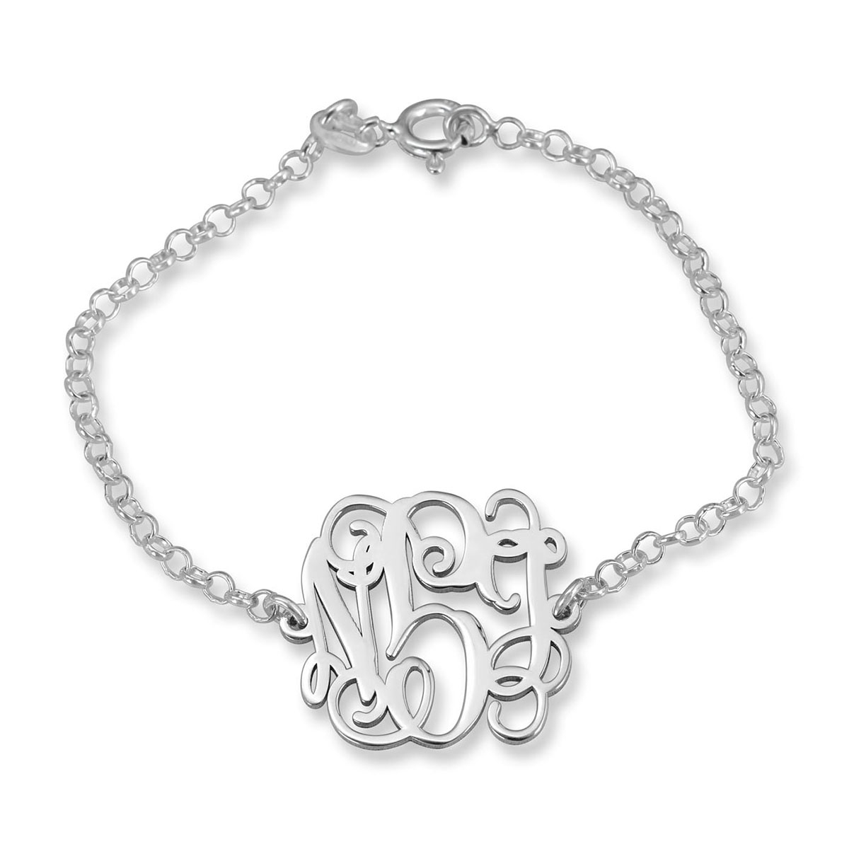 Sterling Silver Cursive Monogram Triple Initial Personalized Bracelet