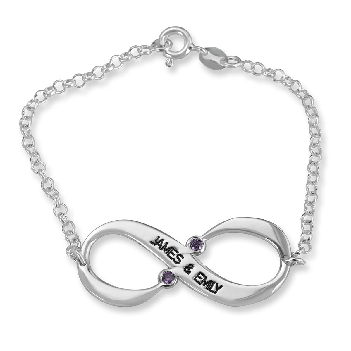 Sterling Silver Double Thickness Couple’s Infinity Two Names & Birthstones Bracelet - 1