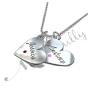 Couple Name Necklace with Two Hearts & Swarovski Birthstones in 14k White Gold - "Jessica loves Andrew" - 2