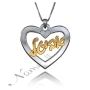 Hebrew Name Necklace in Heart-Shaped Pendant - "Avital" (Two-Tone 14k Yellow & White Gold) - 1