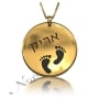 Hebrew Name & Footprints with Circle Pendant in 18k Yellow Gold Plated Silver - "Arik" - 1