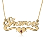 Double Thickness Birthstone Heart Swoosh Name Necklace, 24k Gold Plated - 1
