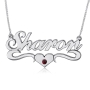 Double Thickness Birthstone Heart Swoosh Name Necklace, Sterling Silver - 1