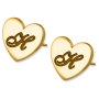 24k Gold Plated Silver Love Heart Personalized Initials Stud Earrings-Cursive Font - 1
