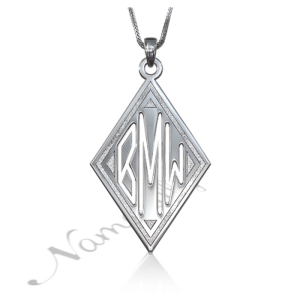 Monogram Necklace with Sparkling Diamond-Shape in Sterling Silver - "BMW"