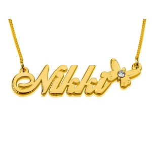 Double Thickness Birthstone Name Necklace Calligraphy Style with Butterfly, 24k Gold Plated