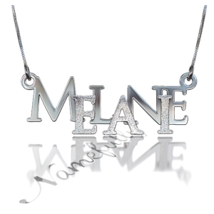 Sparkling Name Necklace with Layered Letters in Bold Font in 10k White Gold - "Melanie"
