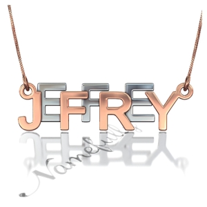 3D Name Necklace with Bold Layered Letters - "Jeffrey" (Two-Tone 10k Rose & White Gold)
