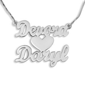 Luxury Thickness Double Name Necklace With Heart, 14K White Gold