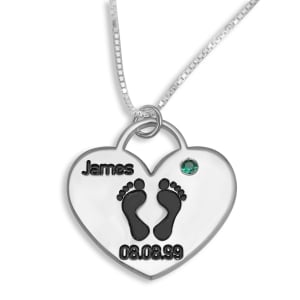 Double Thickness Mother's Footprint Heart Name & Date Necklace With Birthstone, Sterling Silver