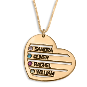 Double Thickness Mother's Birthstone Heart Four Name Necklace, 24K Gold Plated