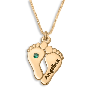 Double Thickness Mother's Baby Footprint Name Necklace With Birthstone, 24K Gold Plated