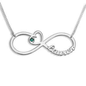 Double Thickness Infinity Name Necklace With Heart And Birthstone, Sterling Silver