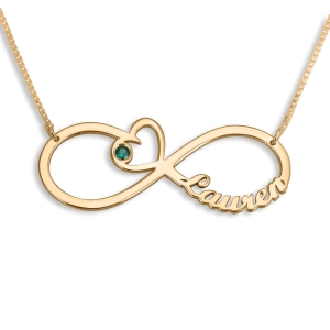 Double Thickness Infinity Name Necklace With Heart And Birthstone, 24K Gold Plated