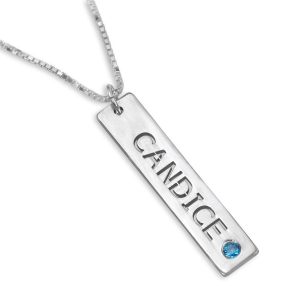 Double Thickness Vertical Bar Name Necklace with Birthstone, Sterling Silver
