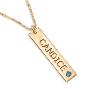 Double Thickness Vertical Bar Name Necklace with Birthstone, 24K Gold Plated
