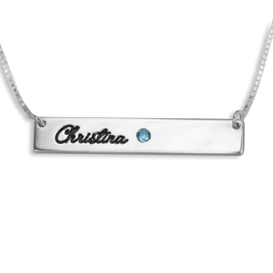 Double Thickness Horizontal Bar Script Name Necklace With Birthstone, Sterling Silver
