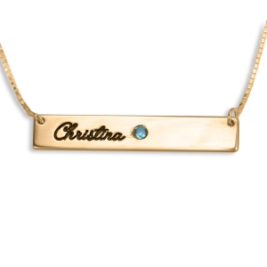 Double Thickness Horizontal Bar Script Name Necklace With Birthstone, 24K Gold Plated