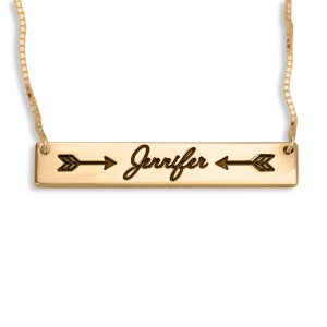 Horizontal Bar Script Name Necklace With Arrows, 24K Gold Plated