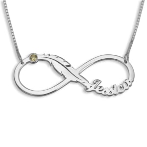 Double Thickness Infinity Name Necklace With Feather And Birthstone, Sterling Silver