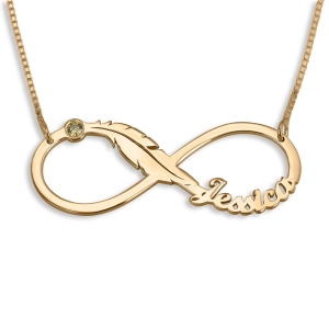 Double Thickness Infinity Name Necklace With Feather And Birthstone, 24K Gold Plated