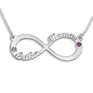 Double Thickness Infinity Two Name Necklace With Birthstones, Sterling Silver