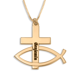 Christian Fish and Cross Name Necklace, 24K Gold Plated