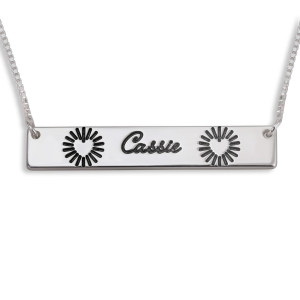 Horizontal Bar Script Name Necklace With Modern Heart, Silver